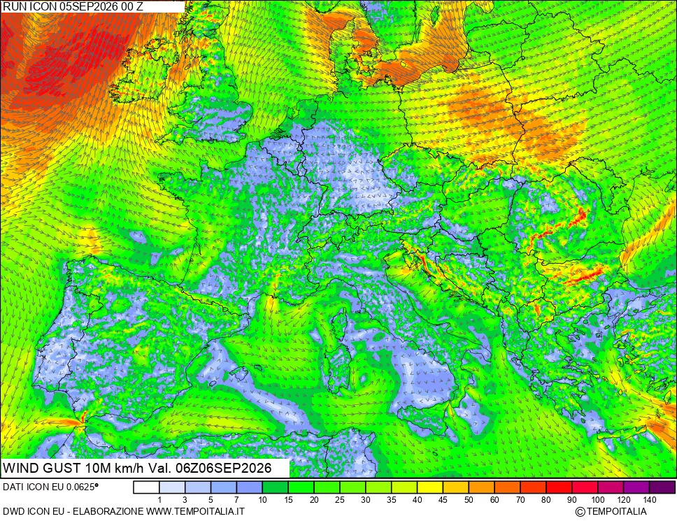 mappa 10 m Vento raffica massima