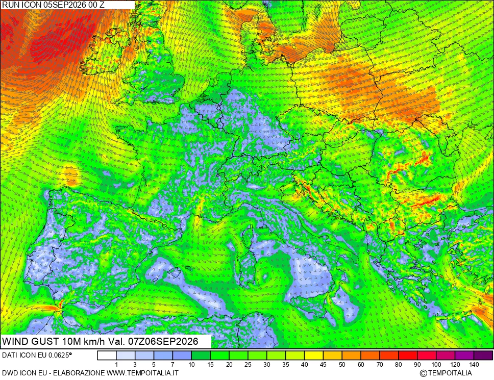 mappa 10 m Vento raffica massima