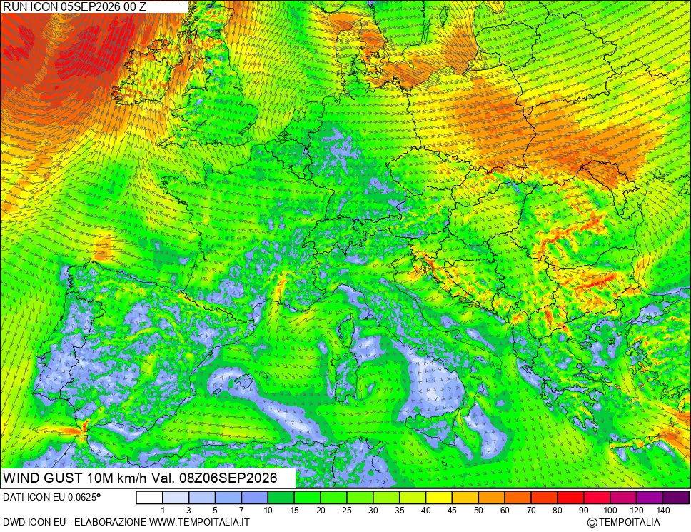 mappa 10 m Vento raffica massima