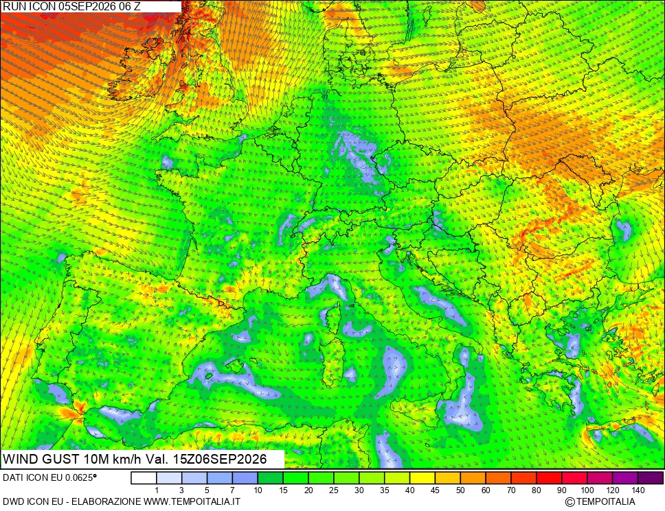 mappa 10 m Vento raffica massima