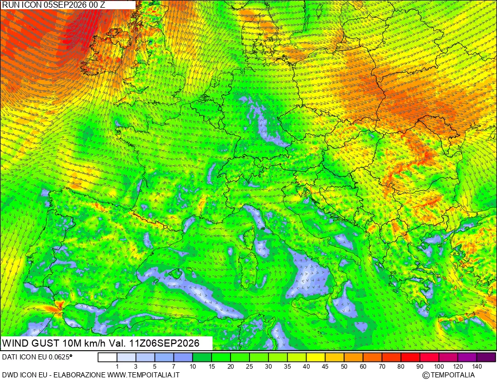 mappa 10 m Vento raffica massima
