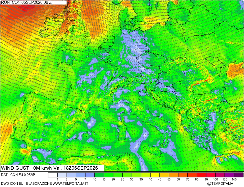 mappa 10 m Vento raffica massima