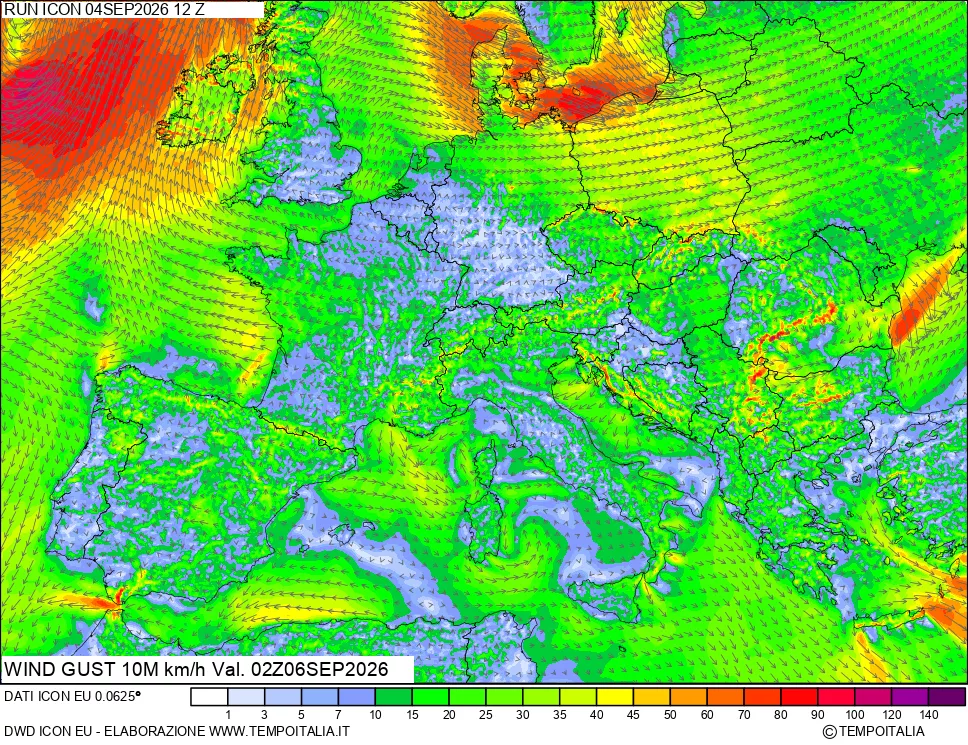 mappa 10 m Vento raffica massima
