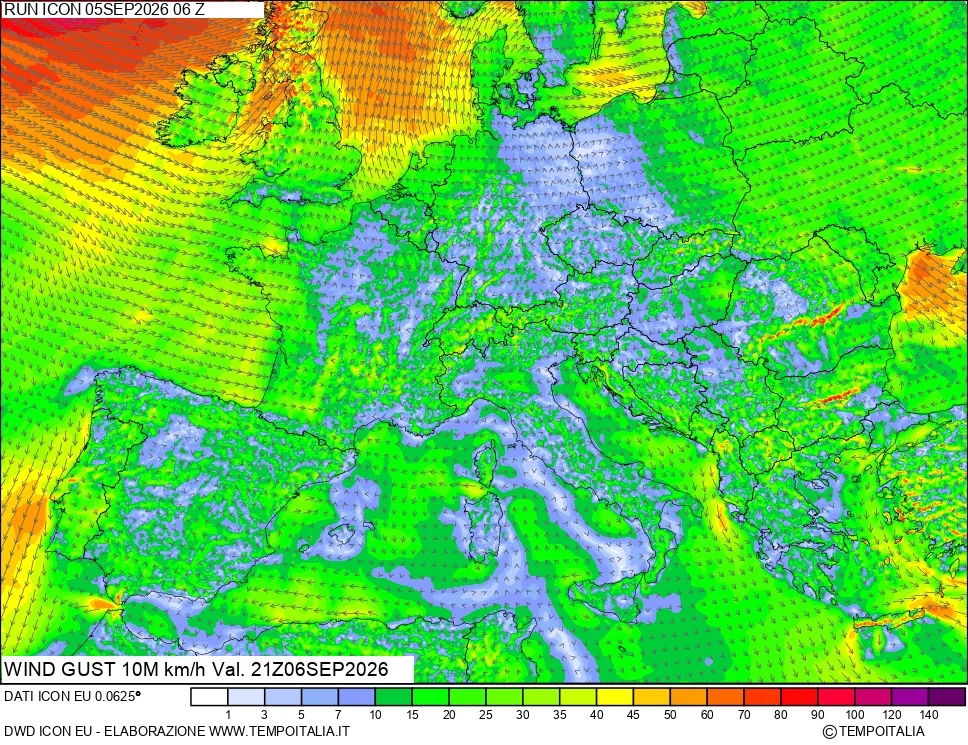 mappa 10 m Vento raffica massima
