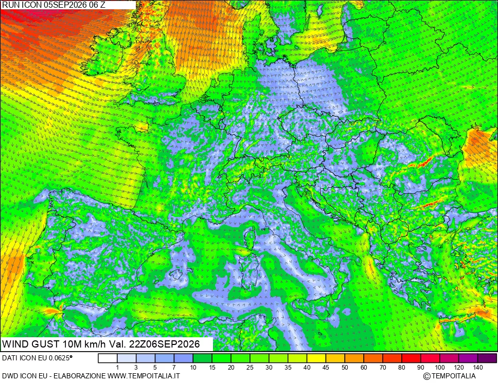 mappa 10 m Vento raffica massima