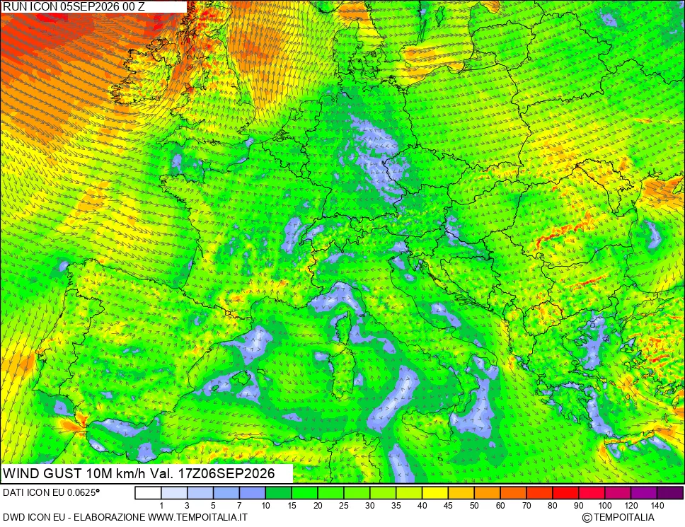 mappa 10 m Vento raffica massima