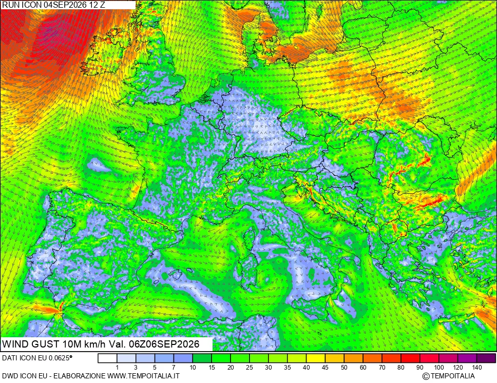 mappa 10 m Vento raffica massima