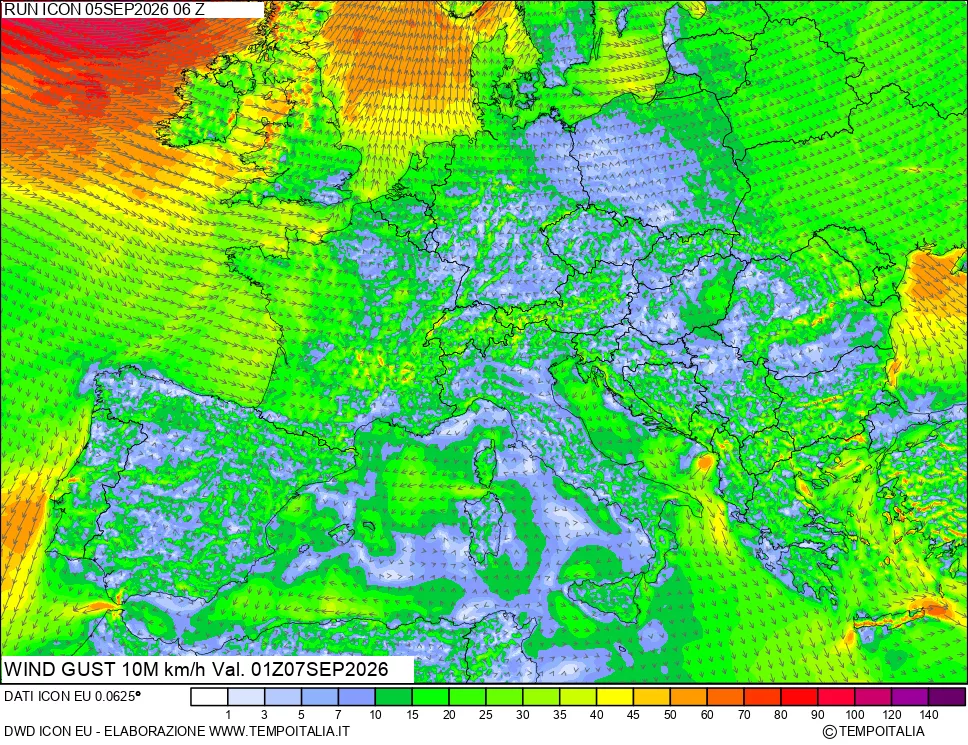 mappa 10 m Vento raffica massima