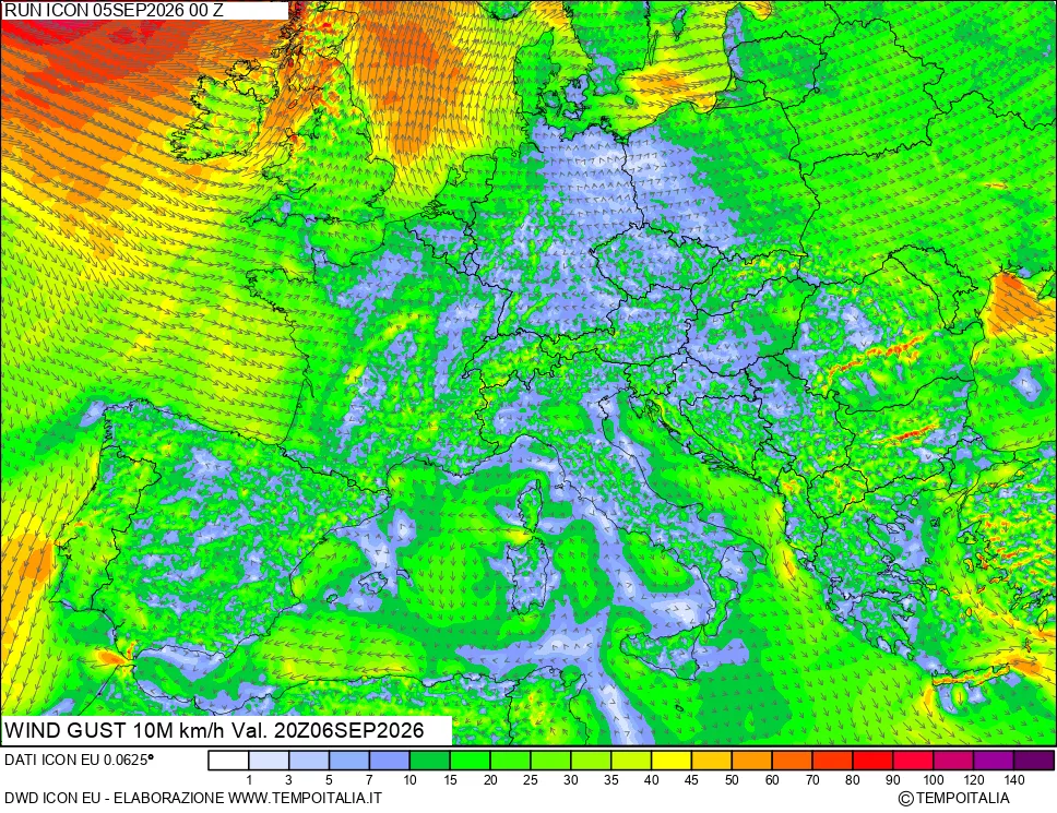 mappa 10 m Vento raffica massima