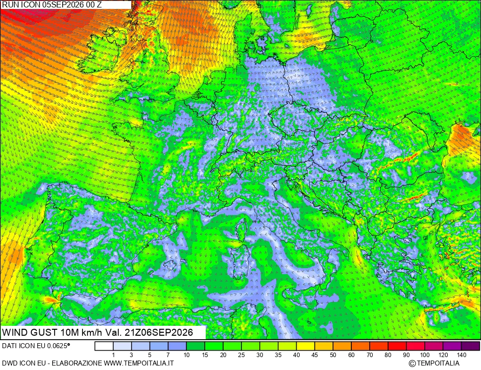 mappa 10 m Vento raffica massima