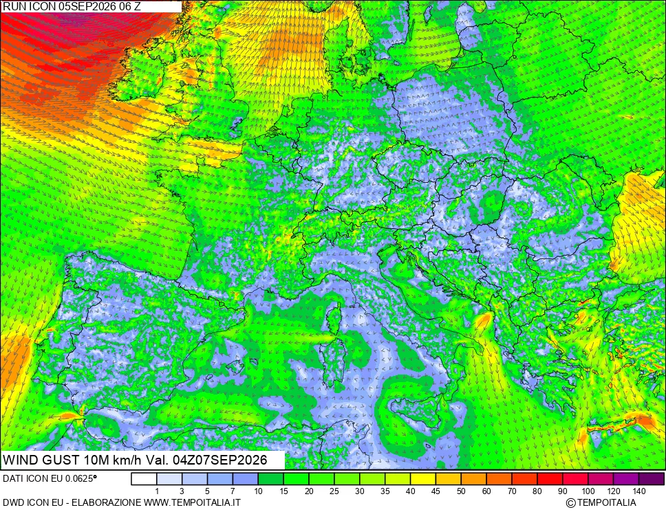 mappa 10 m Vento raffica massima