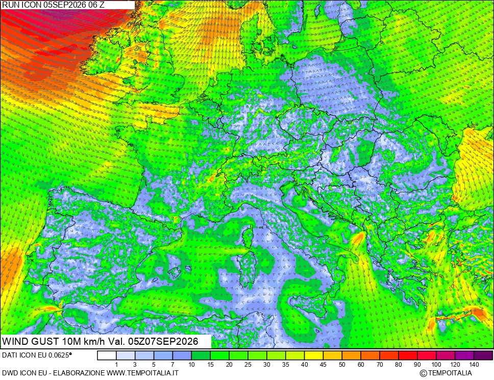 mappa 10 m Vento raffica massima