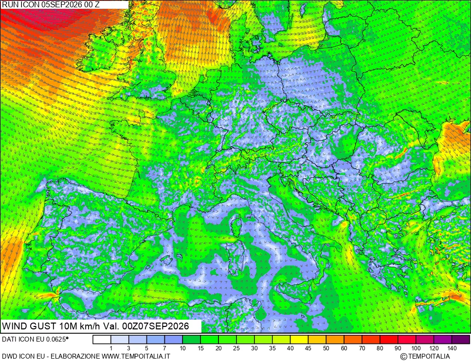 mappa 10 m Vento raffica massima