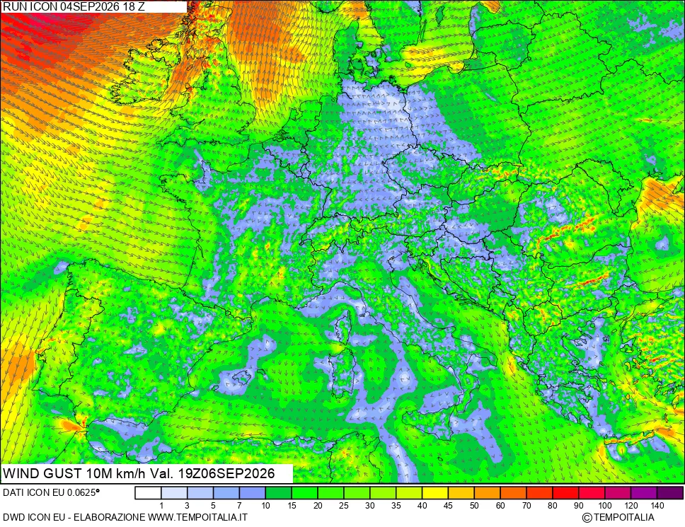 mappa 10 m Vento raffica massima