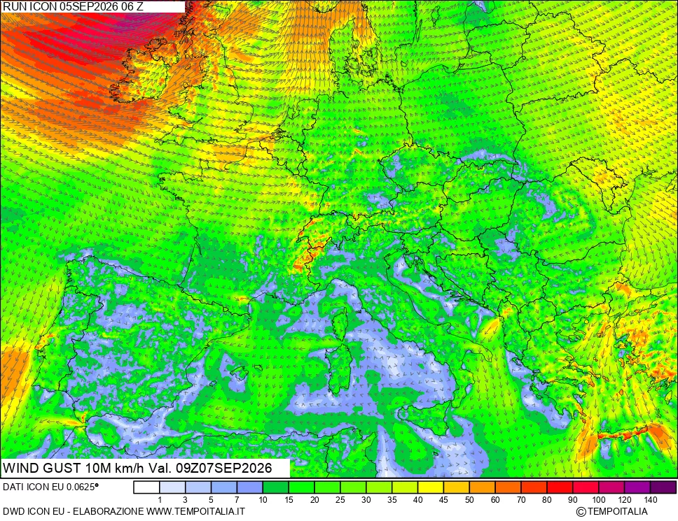 mappa 10 m Vento raffica massima