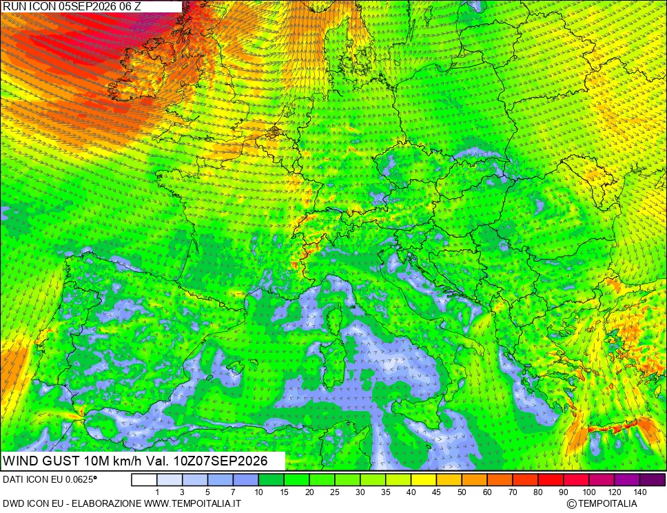 mappa 10 m Vento raffica massima