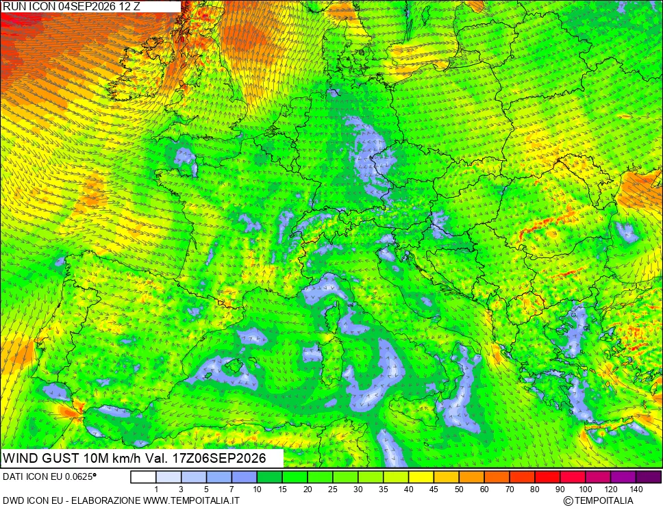 mappa 10 m Vento raffica massima