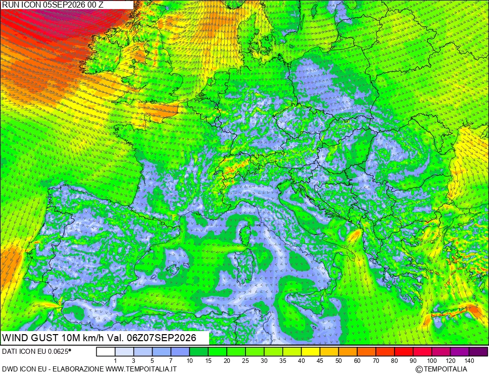 mappa 10 m Vento raffica massima