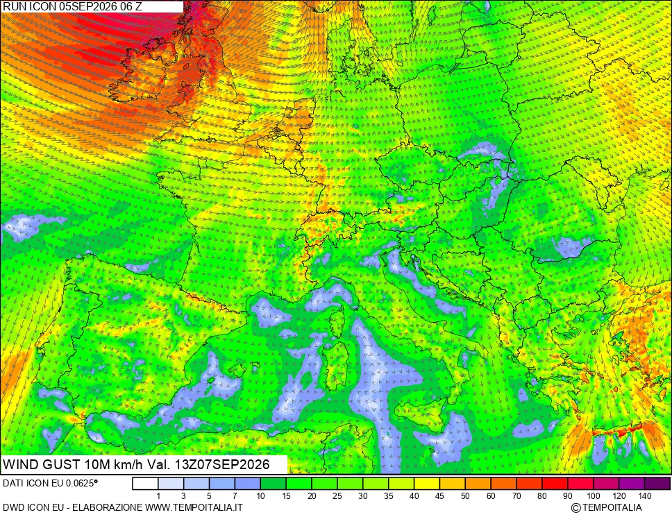 mappa 10 m Vento raffica massima