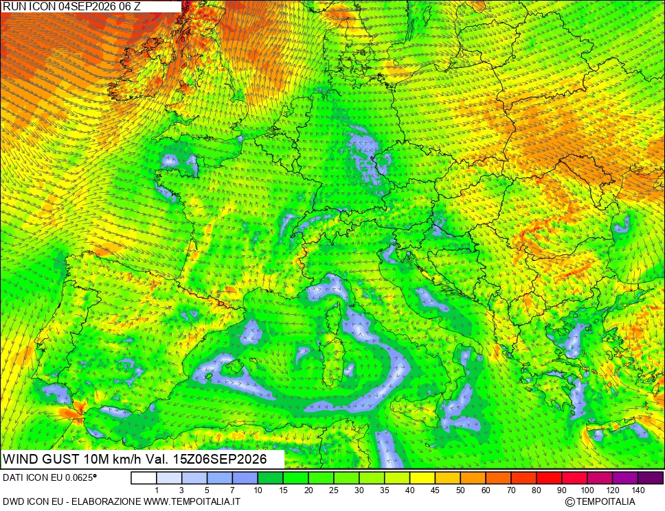mappa 10 m Vento raffica massima