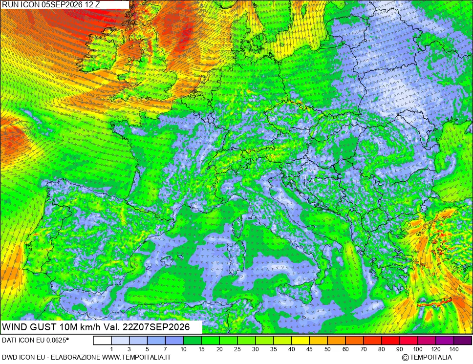 mappa 10 m Vento raffica massima