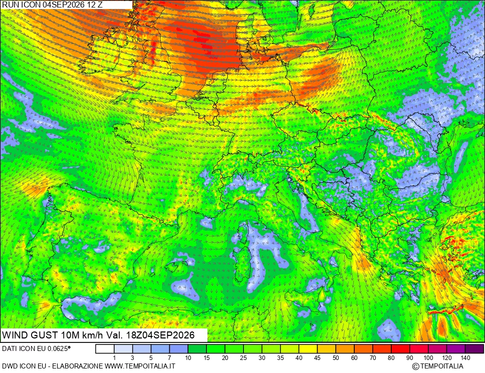 mappa 10 m Vento raffica massima