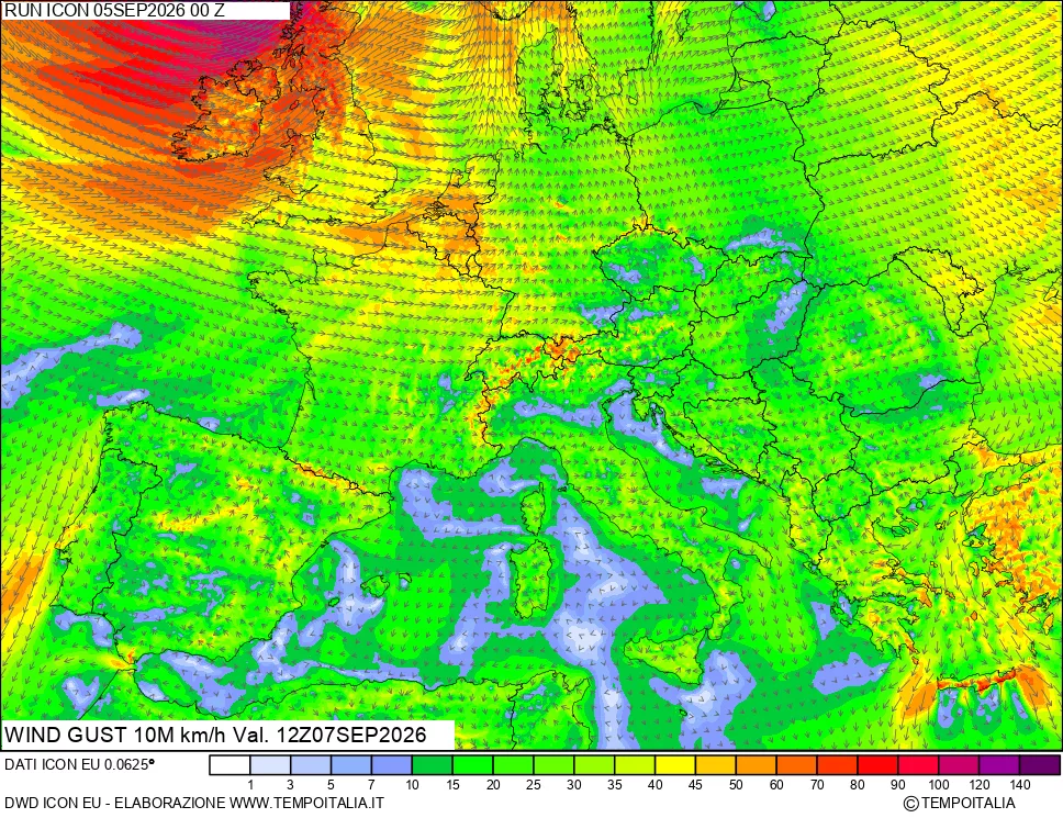 mappa 10 m Vento raffica massima