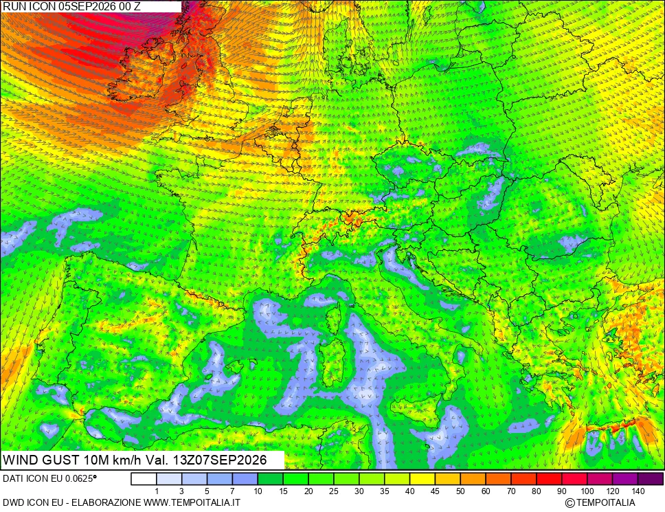 mappa 10 m Vento raffica massima