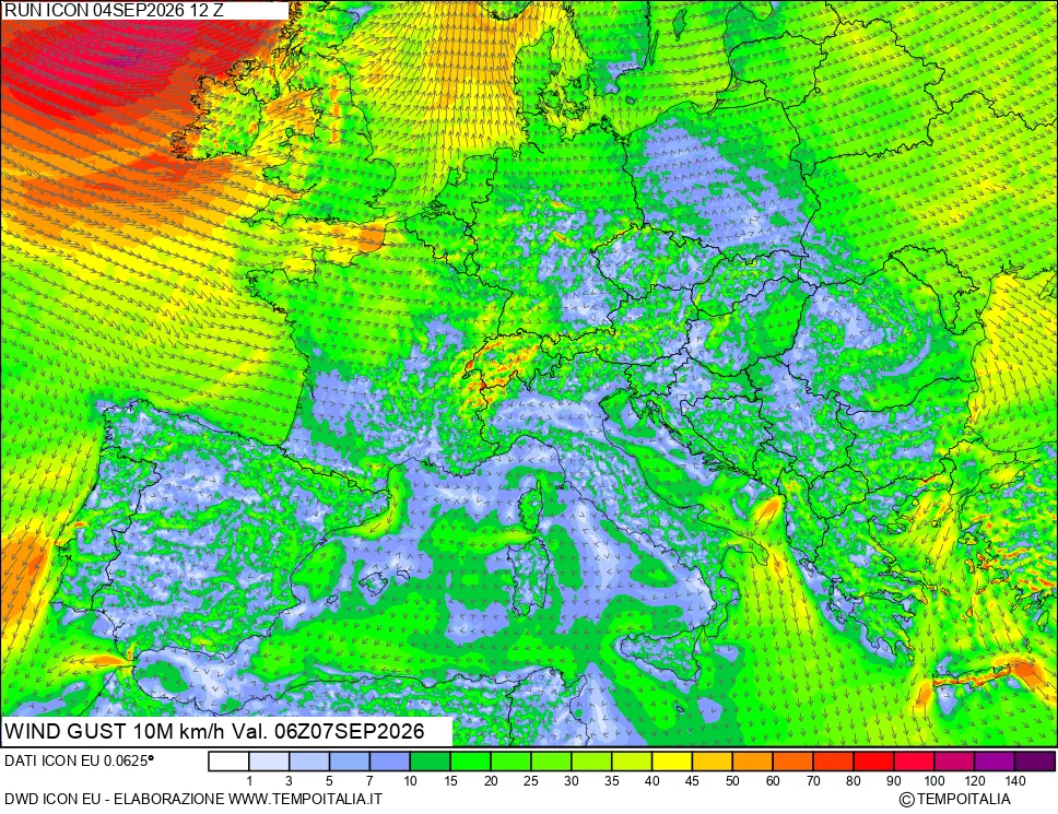 mappa 10 m Vento raffica massima