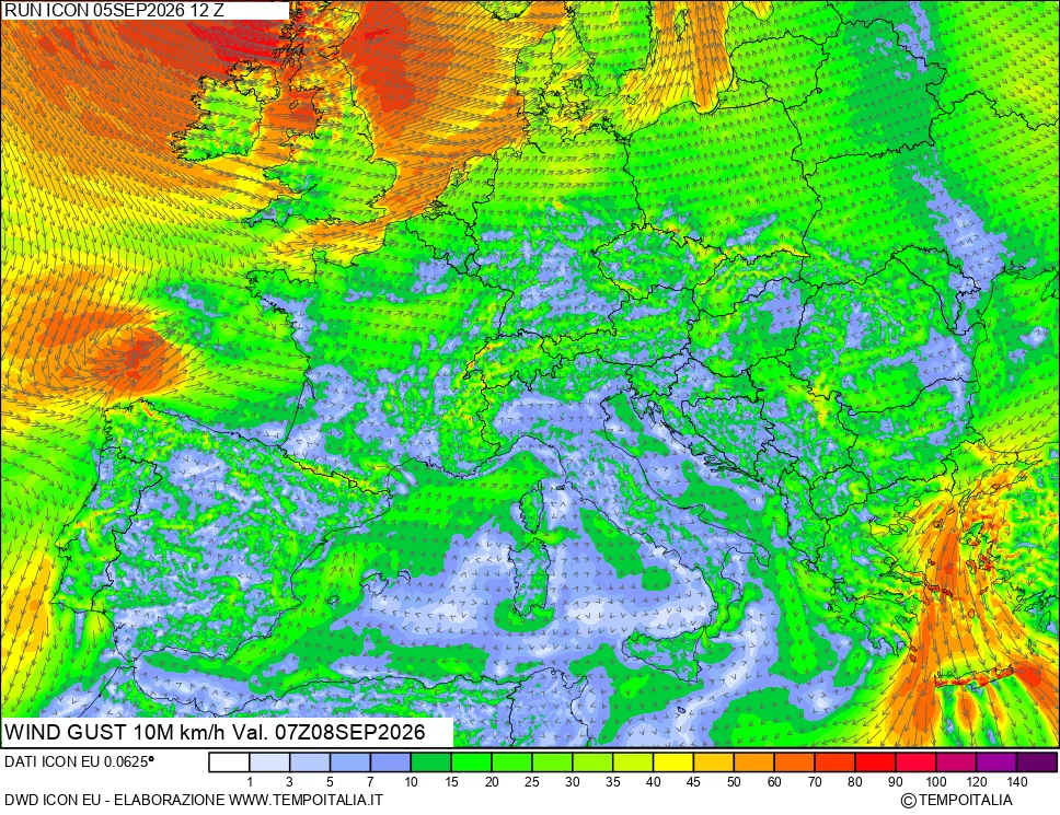 mappa 10 m Vento raffica massima