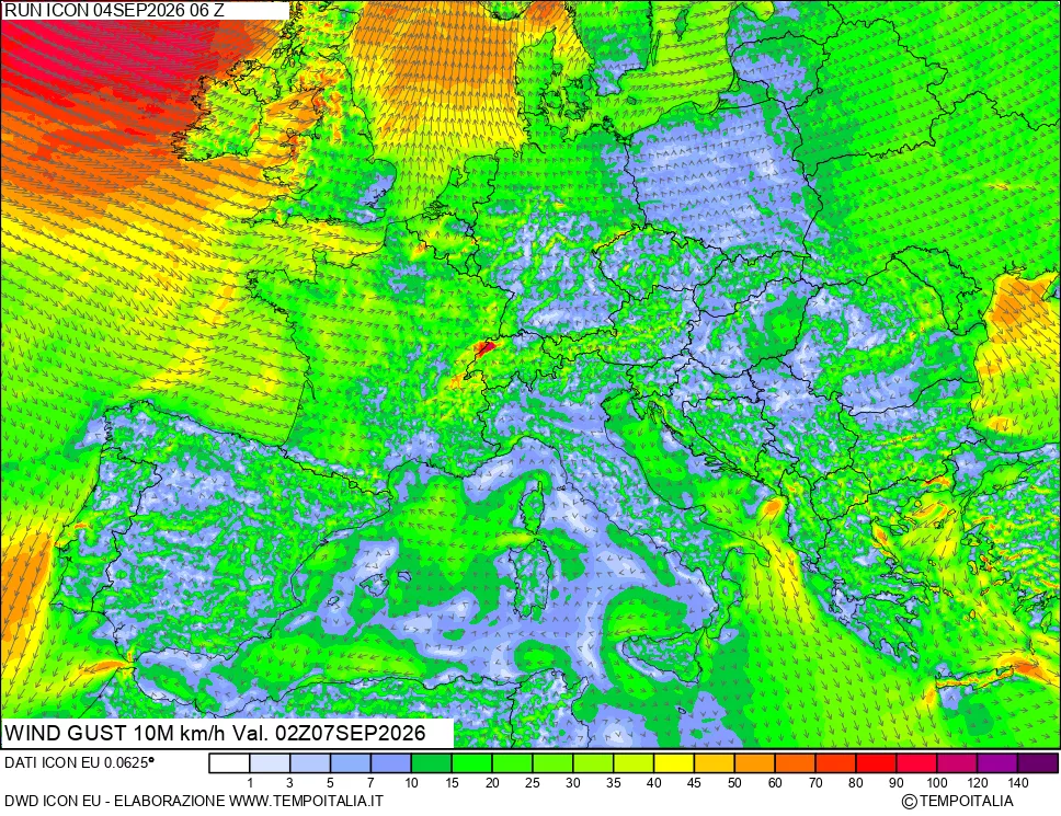 mappa 10 m Vento raffica massima