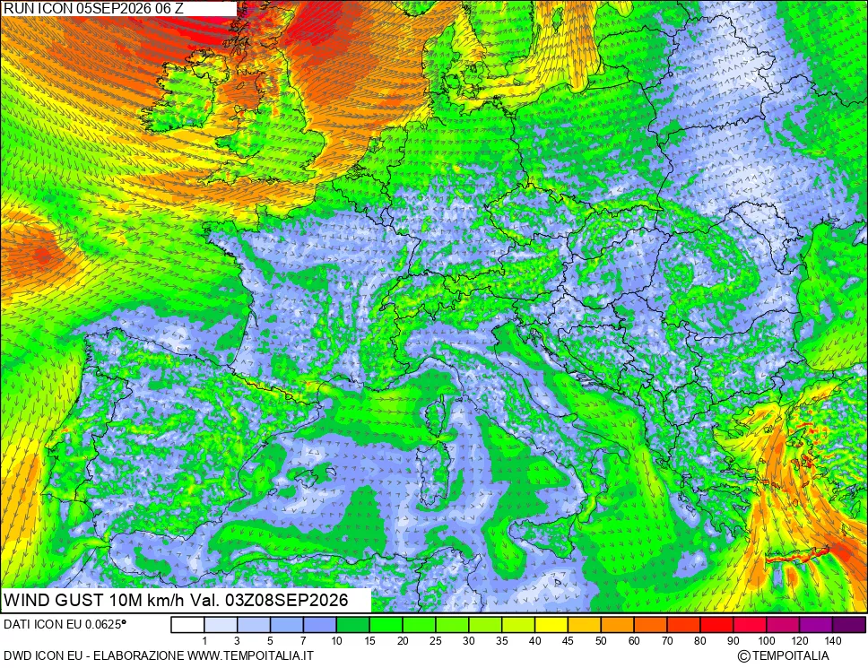 mappa 10 m Vento raffica massima