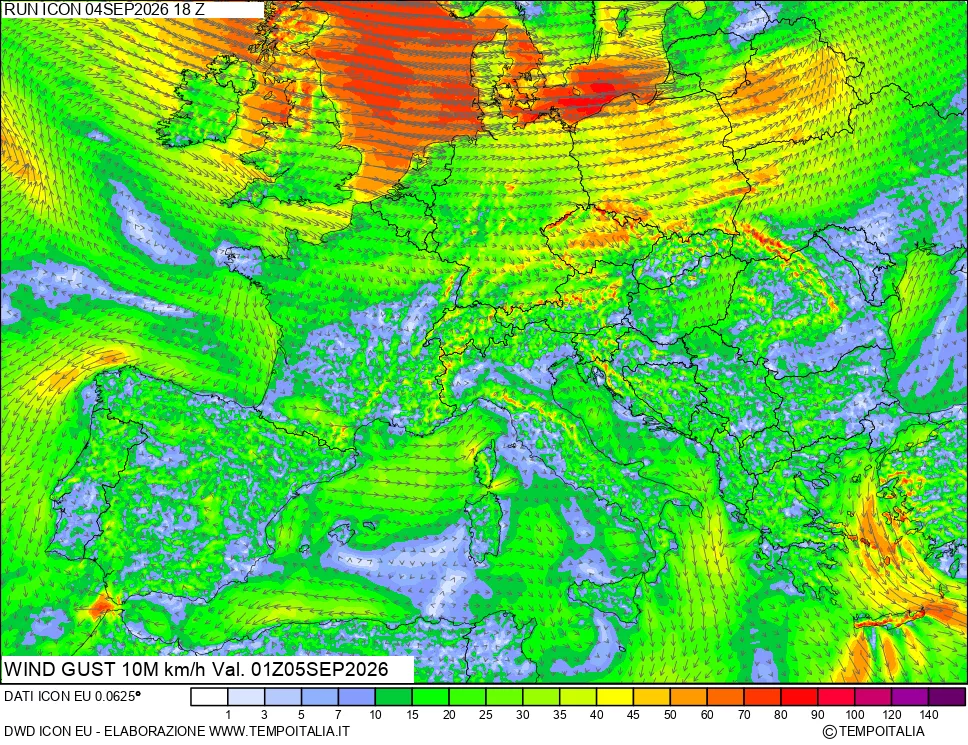 mappa 10 m Vento raffica massima