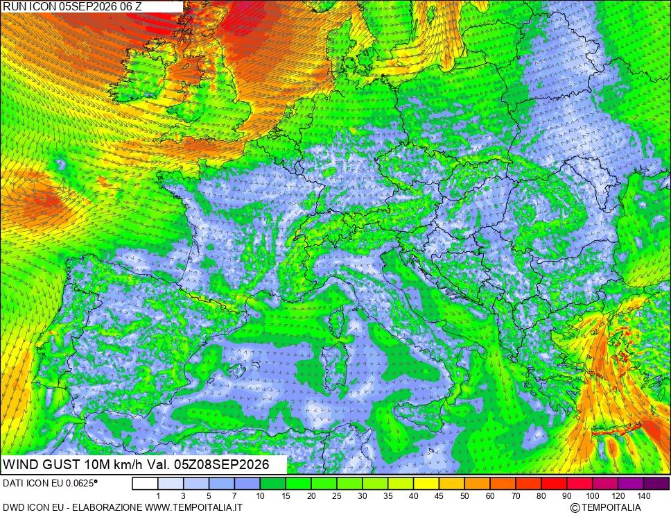 mappa 10 m Vento raffica massima