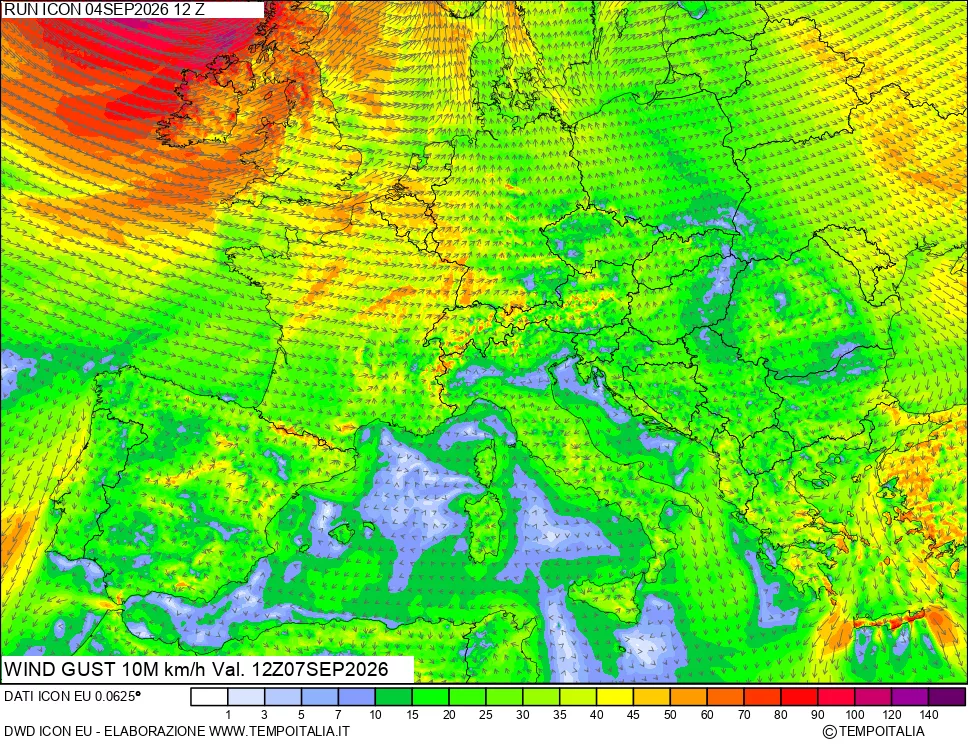 mappa 10 m Vento raffica massima