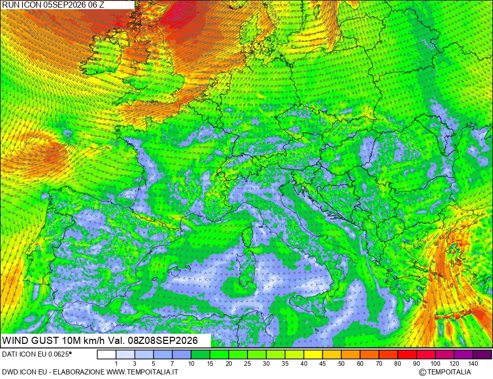 mappa 10 m Vento raffica massima