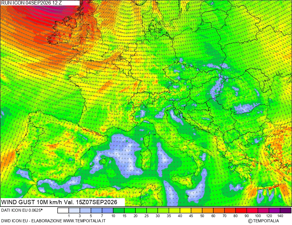 mappa 10 m Vento raffica massima