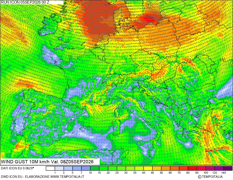 mappa 10 m Vento raffica massima