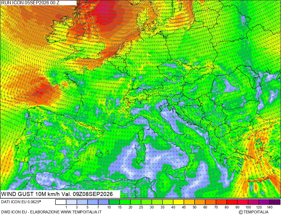 mappa 10 m Vento raffica massima