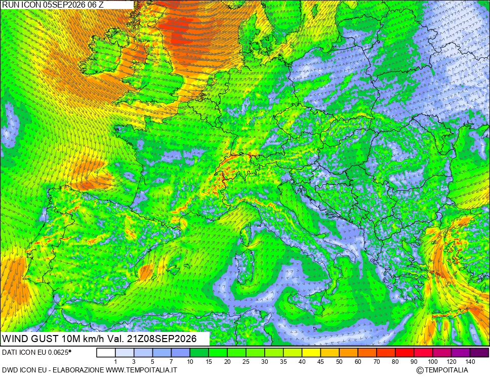 mappa 10 m Vento raffica massima