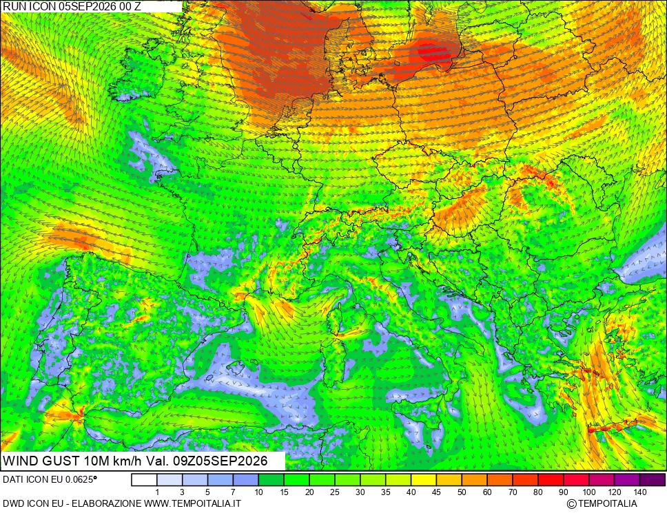 mappa 10 m Vento raffica massima