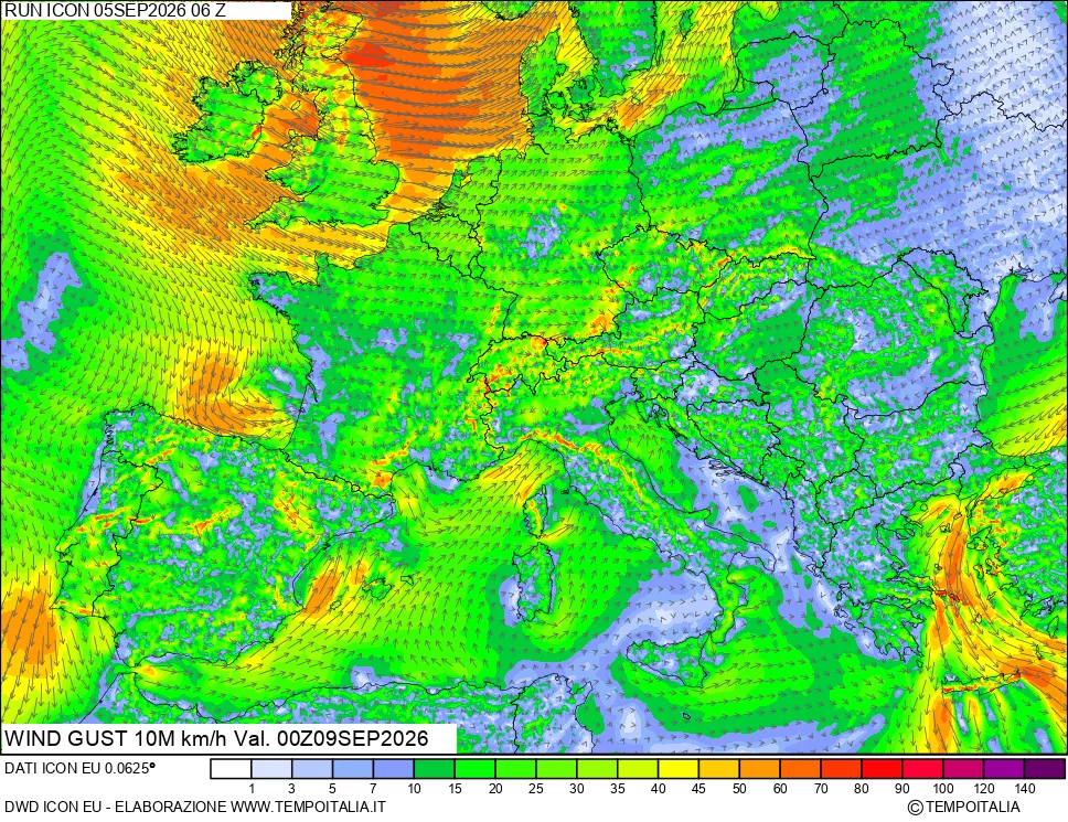mappa 10 m Vento raffica massima