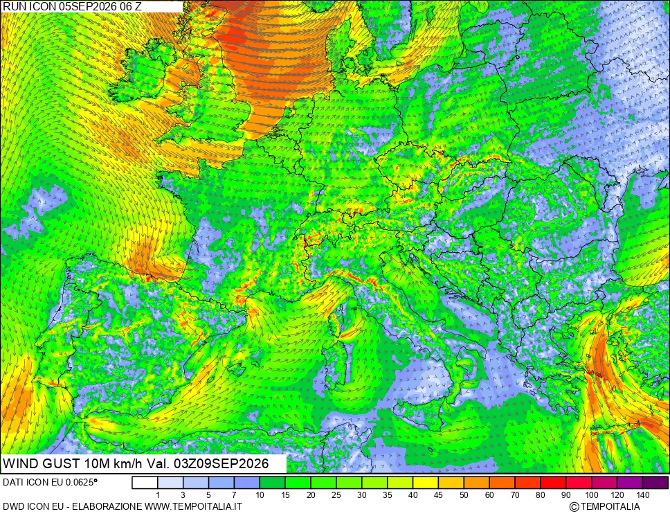 mappa 10 m Vento raffica massima