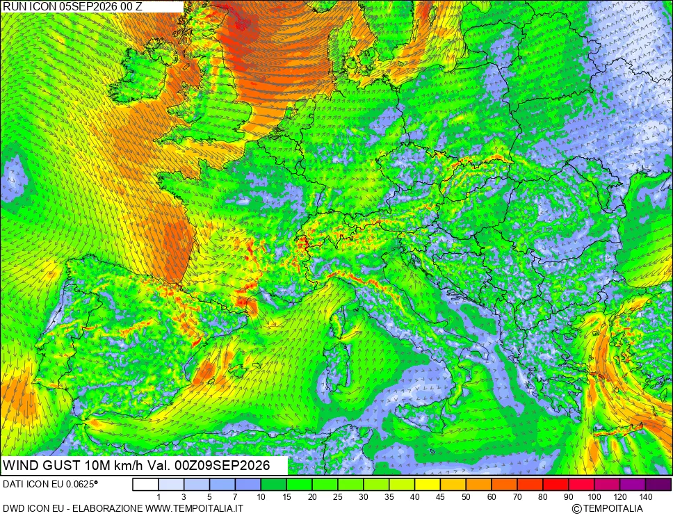 mappa 10 m Vento raffica massima