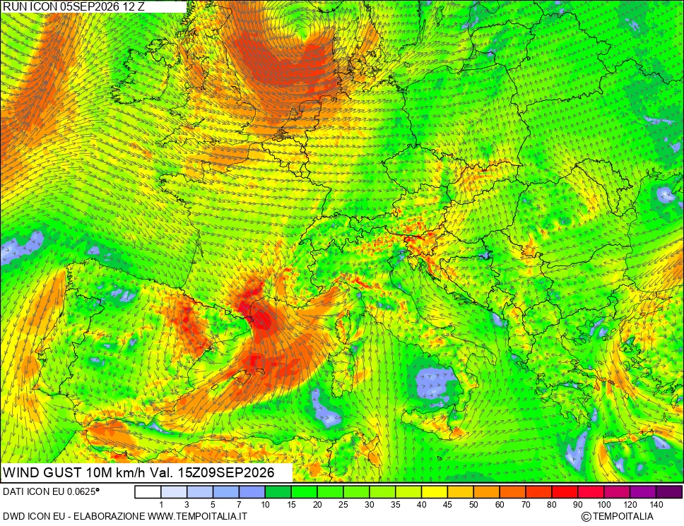 mappa 10 m Vento raffica massima