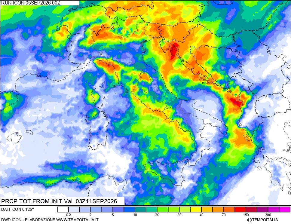 mappa Precipitazioni totali dal primo giorno