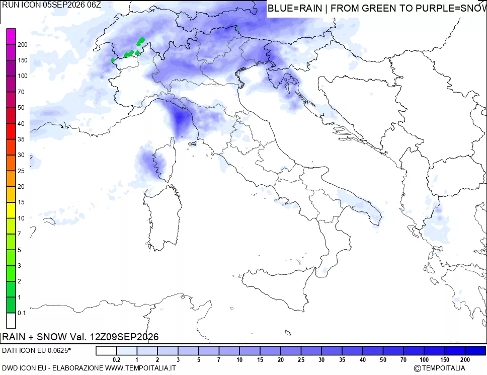 mappa Precipitazioni totali e nevose 24 ore precedenti