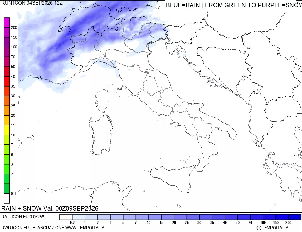mappa Precipitazioni totali e nevose 24 ore precedenti
