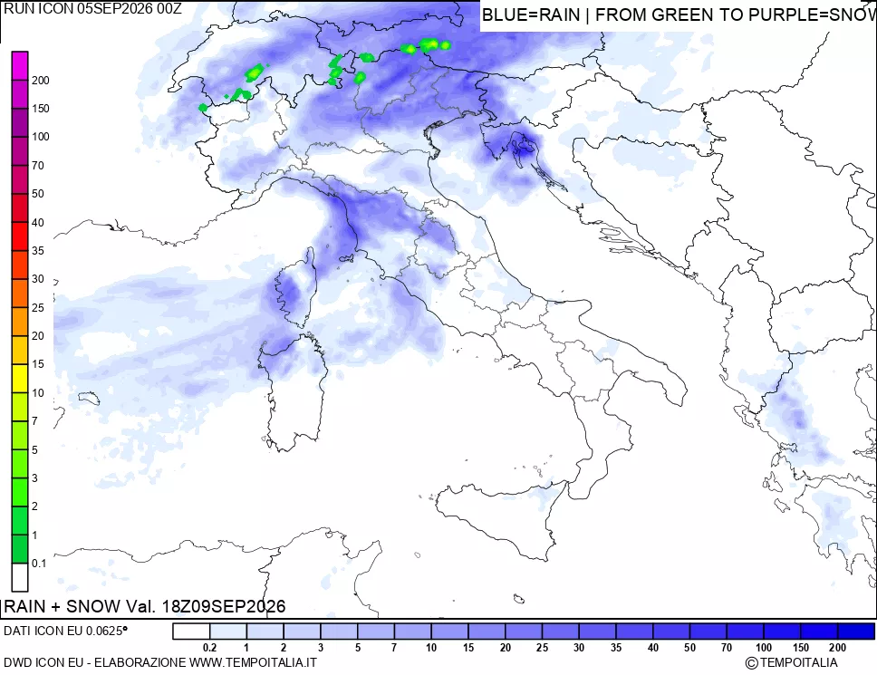 mappa Precipitazioni totali e nevose 24 ore precedenti