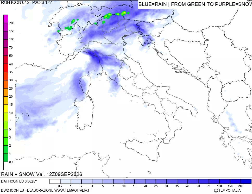 mappa Precipitazioni totali e nevose 24 ore precedenti